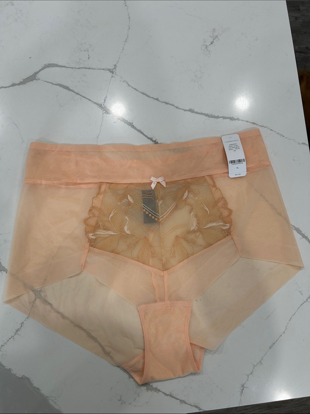High-Waist Sheer Lace Briefs in Peach with Bow Accent